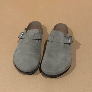Taupe  Slip-On flat clog mules with buckle detail - gently used.
